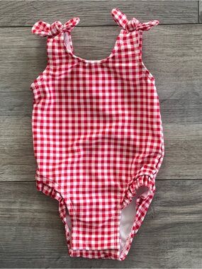 Infant Red and White Gingham Faux Tie-Shoulder One-Piece Swimsuit